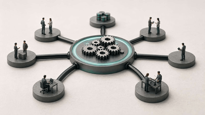 Autonome Data-Mesh-Domänen, verbunden durch gemeinsame fachliche Objekte und Regeln